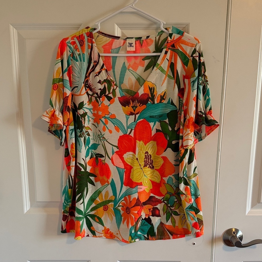 Sew in Love Tropical Floral Blouse | Bright Summer Top Wrinkle Free Size Large